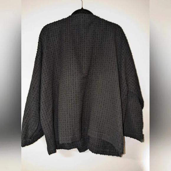 Eskandar 100% Linen Textured Cuff Sleeve Short Kimono Shawl Jacket Size 1 Black - Picture 8 of 9